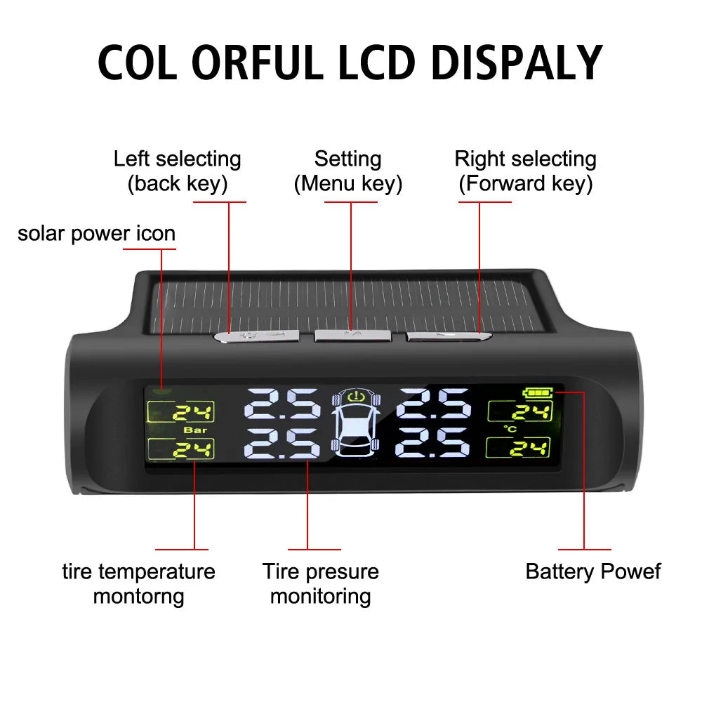 Auto Security Alarm System Digital LCD Display Car Tire Pressure Monitoring System Solar TPMS Universal Tyre Temperature Monitor