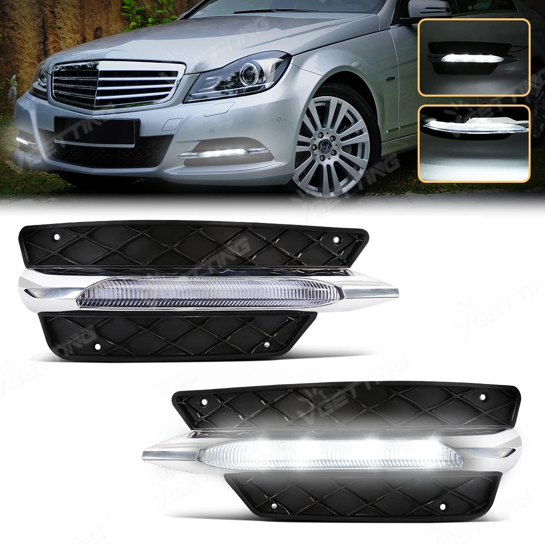 LED Car Light For Benz W204 C-Class C280 C300 Sport 2012 2013 2014 Daytime Running Light Front Bumper Fog Lamp Grill Lights 12V