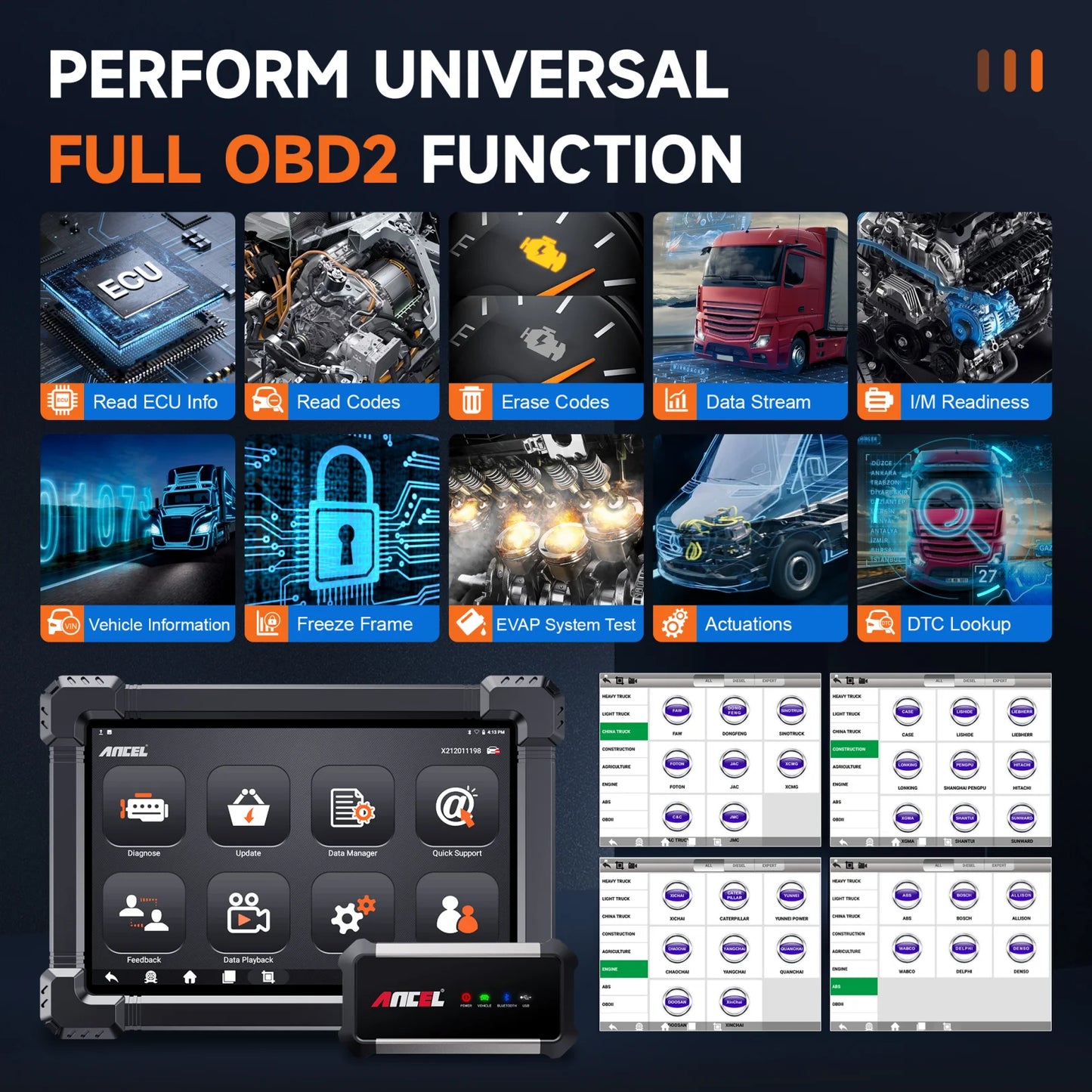 ANCEL X7 HD Heavy Duty Truck Full System Diagnostic Tool OBD2 Scanner Laptop for Truck Lorry Oil DPF Regen ECU Reset Battery
