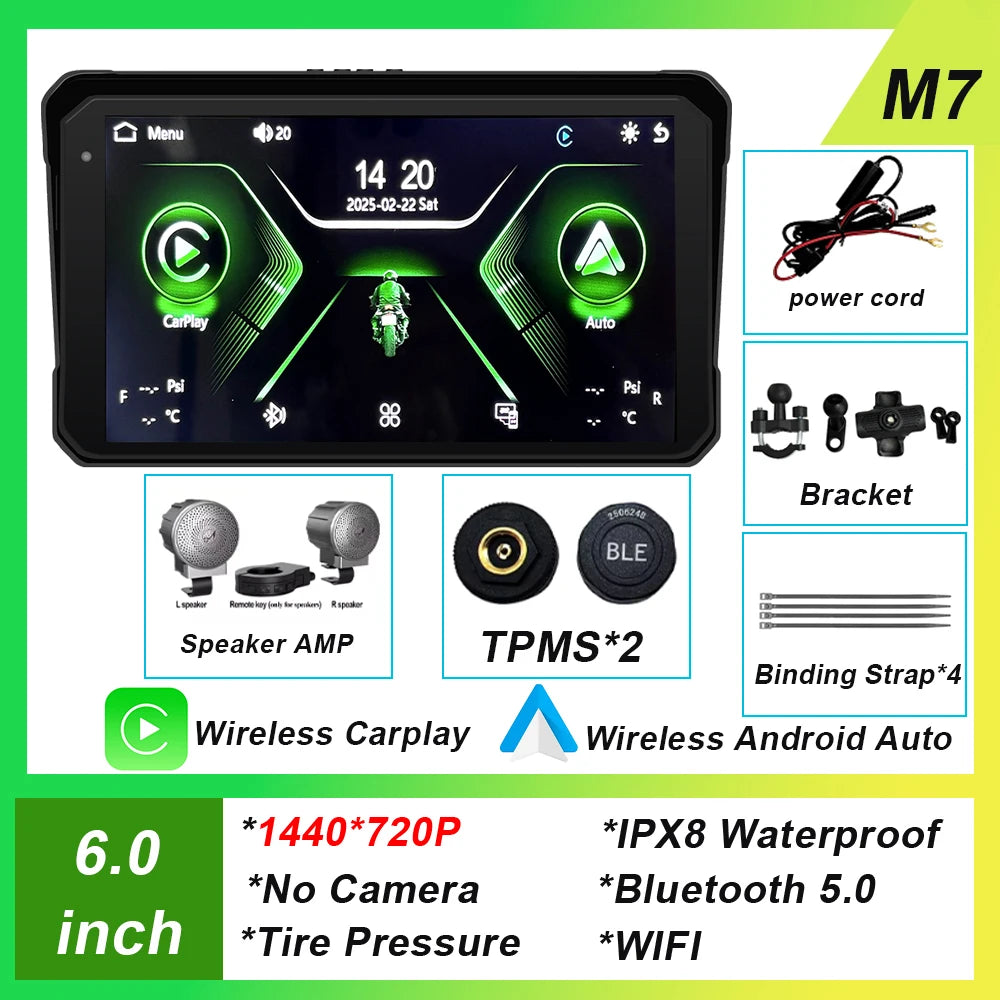 6 inch Screen For Car Motorcycle Waterproof  IPX8 Monitor Dash Cam GPS Navigation Wireless Carplay Android Auto With TPMS DVR