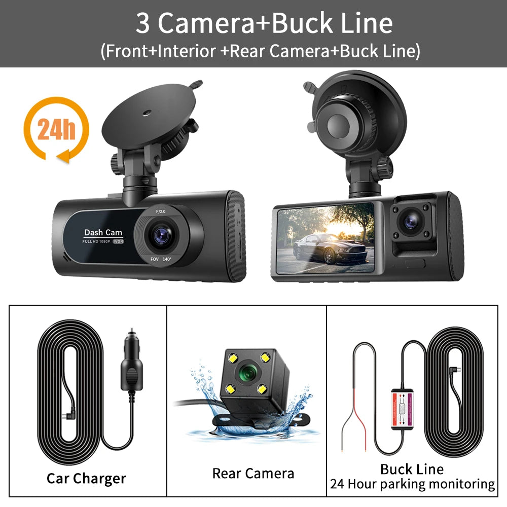 3 Channel Dash Cam for Cars Camera HD 1080P 3-Lens Vehicle Video Recorder Black Box Dual Lens Inside Car DVR Rear View Camera