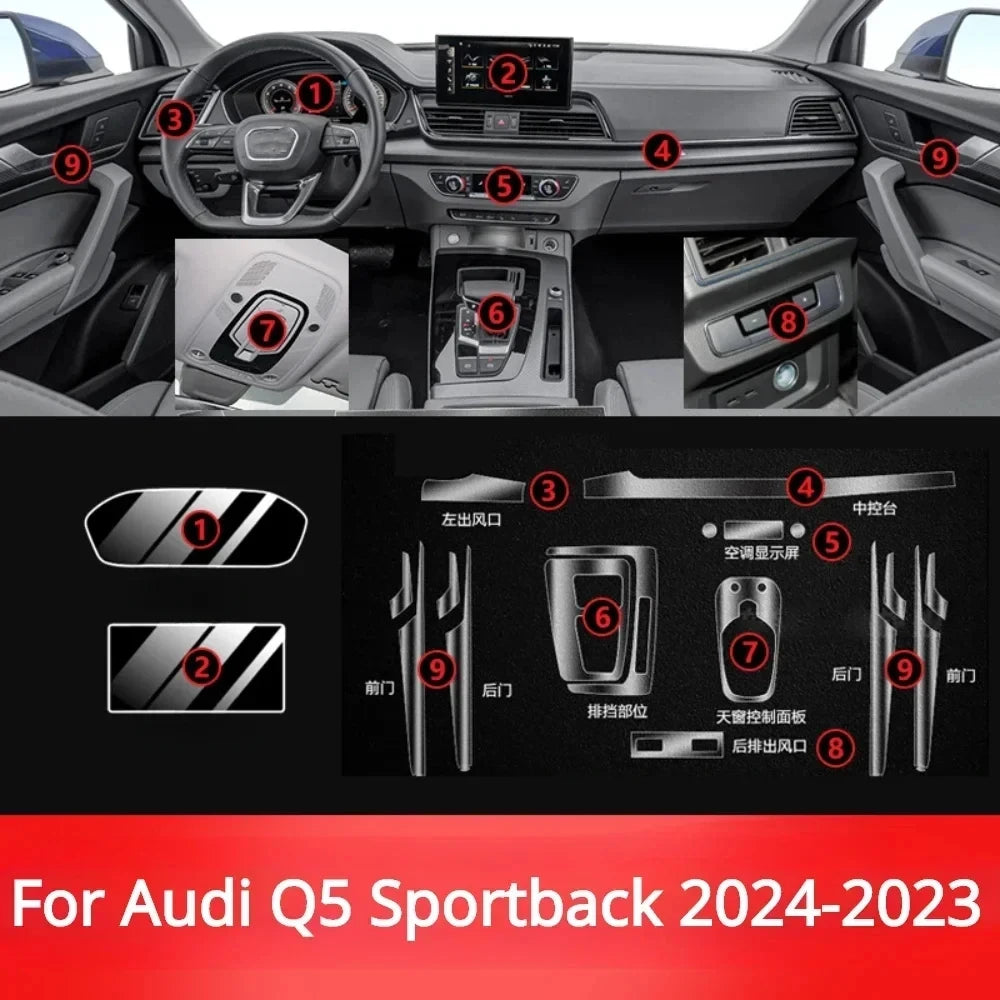 For Audi Q5 Sportback 2024 2023 Car interior Accessories film transparent TPU Gear Panel Center Console PPF Protection Sticker