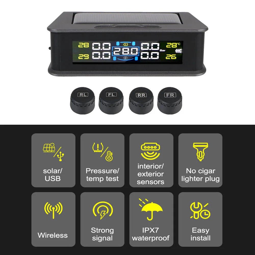 Tire Pressure Monitoring System Digital LCD Display Solar/USB Powered Car TPMS Auto Security Alarm Systems