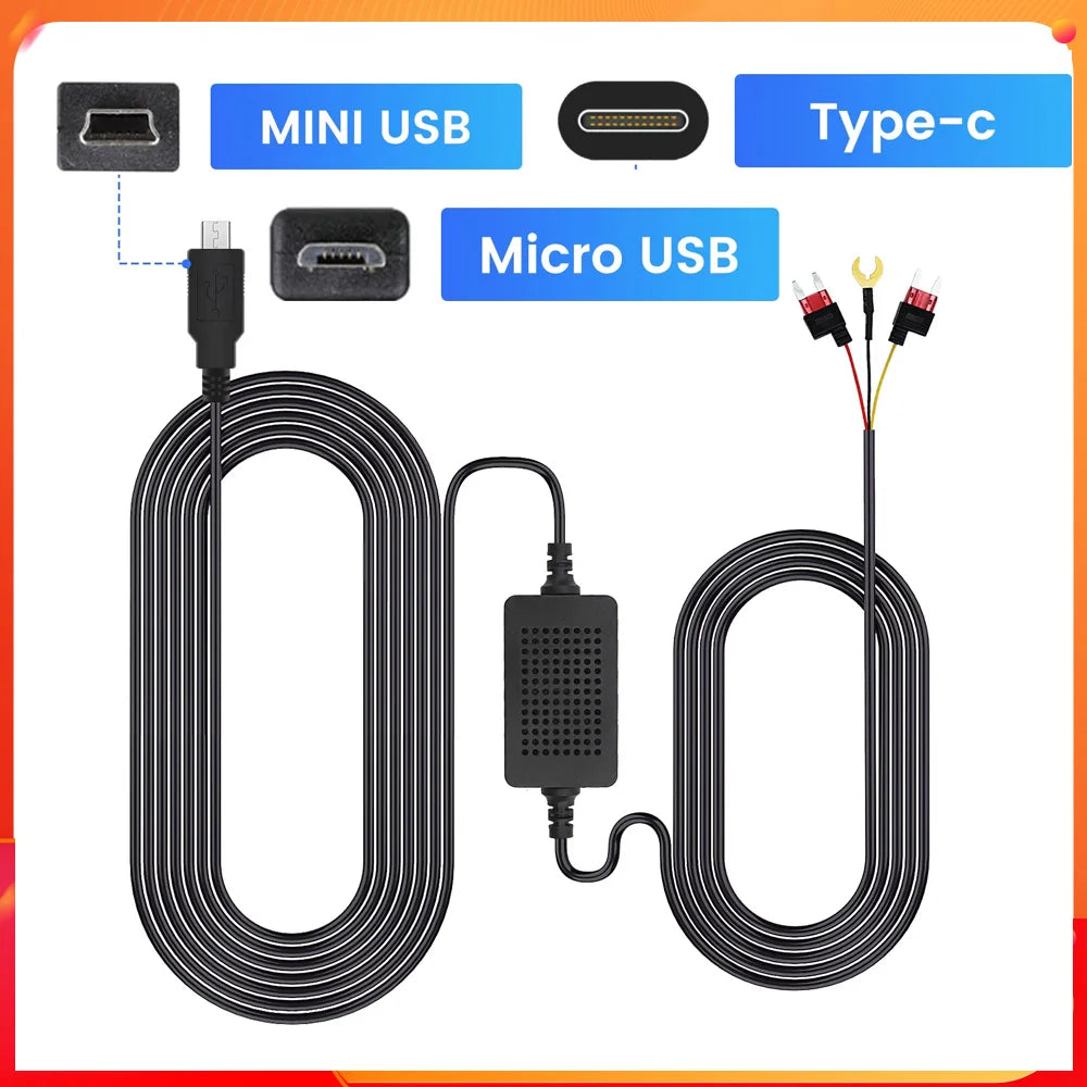 3A 3.5m Car Dash Cam Mini / Micro USB / Type-C Interface Charger Dashcam Rear Camera 12-24v Hardwire Cable Kit Step-Down Line
