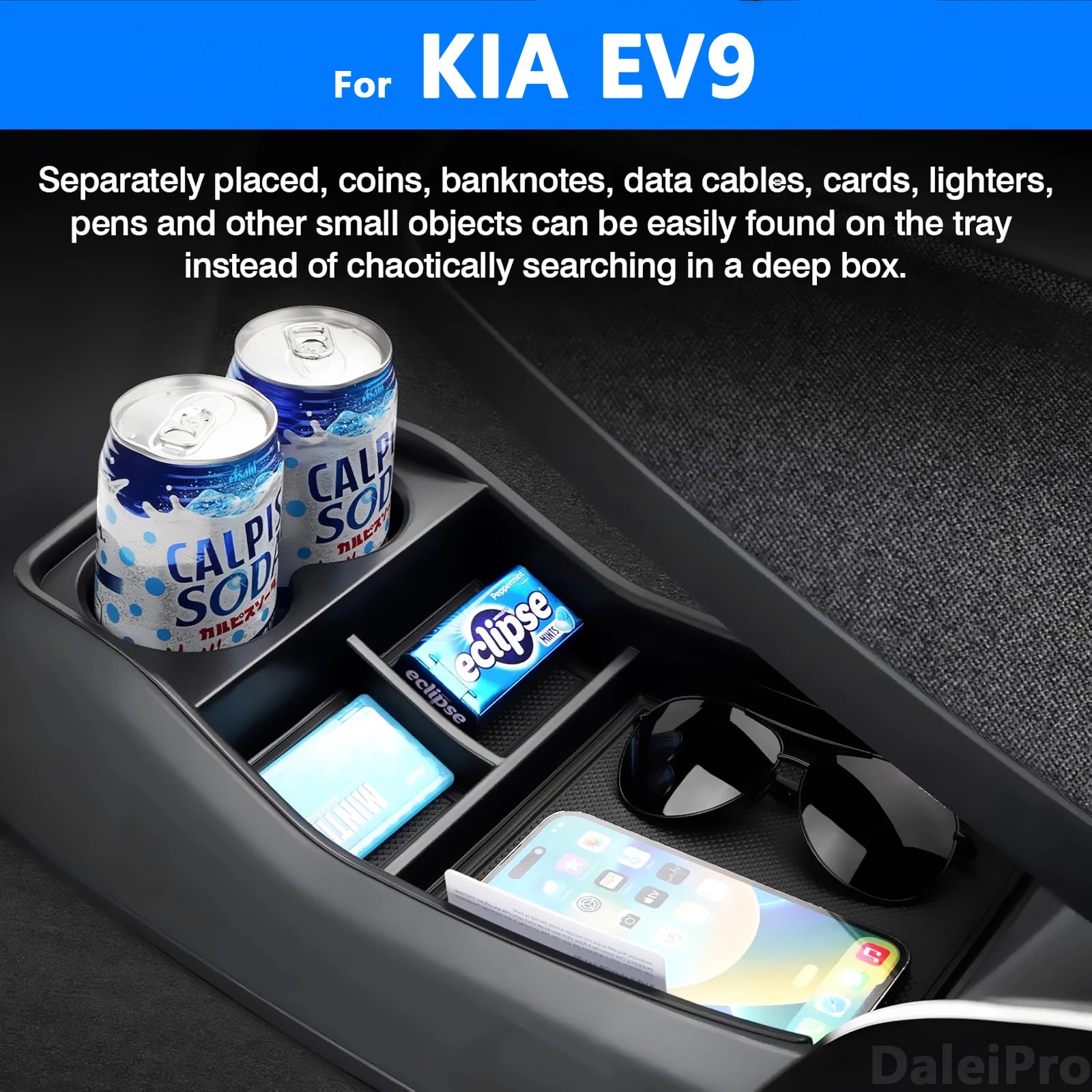 For KIA EV9 2024 2025 Car Center Console Organizer Armrest Storage Box Lower Storage Box Cup Holder Wireless Charger Panel Mat