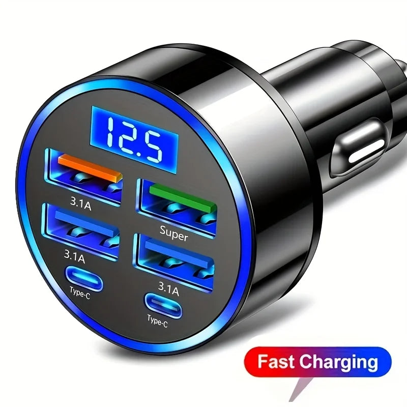 USB C Type C Car Charger 6 Ports USB Super Fast Charging Phone Charging Voltage Detection Digital Display Mobile Phone Charger