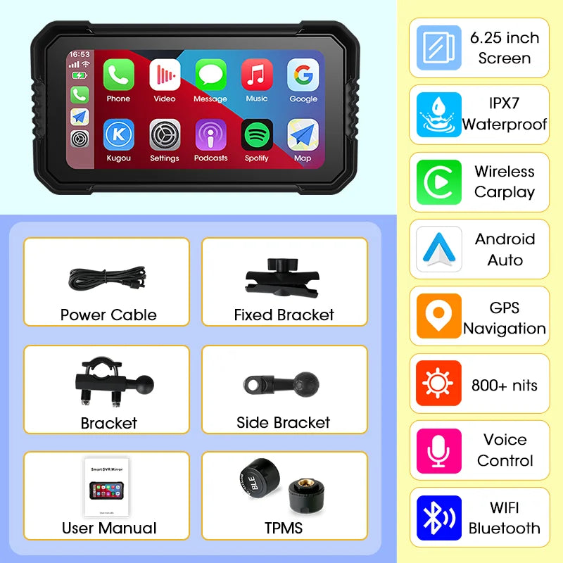 Srnubi 6.25'' Portable Digital Motorcycle Dashboard CarPlay Android Auto GPS for Moto Navigation Display Screen IPX7 Waterproof