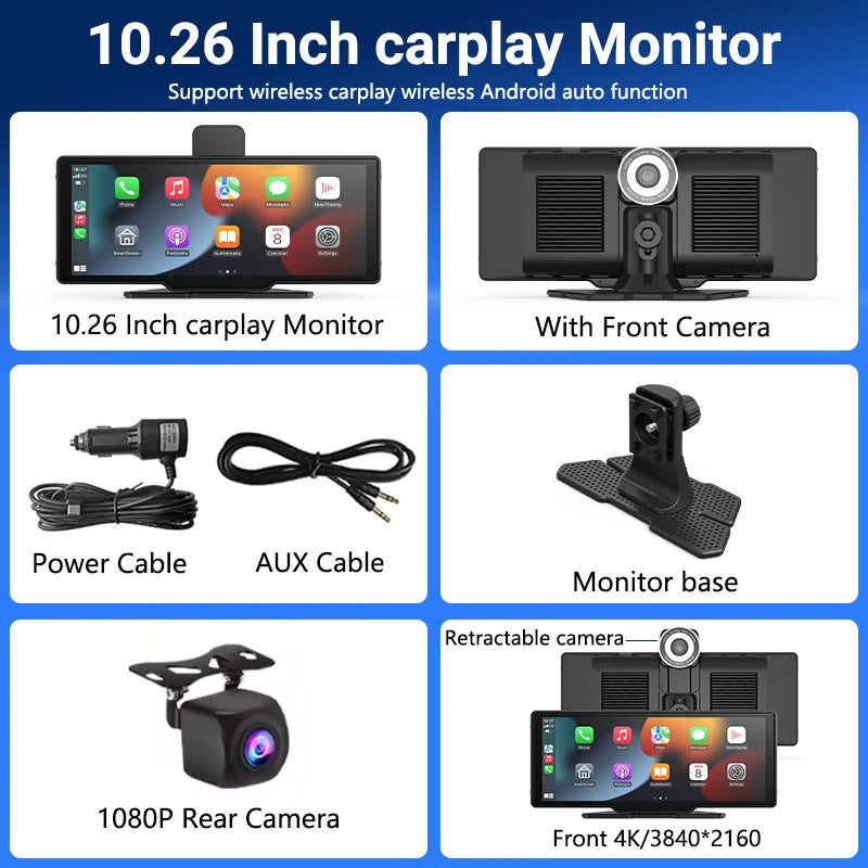 11.26 inch IPS Touch Screen Multimedia Video Player Portable 4K DVR Wireless CarPlay/Android Auto Dual Lens Driving Recorder