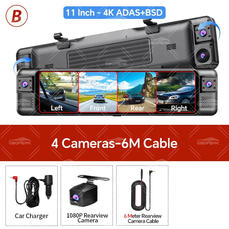 D80 Rearview Mirror 4K Dash Cam ADAS 4CH 360° Record Car DVR Interior Camera WIFI APP 1080P BSD Auto Video Recorder 24H Parking