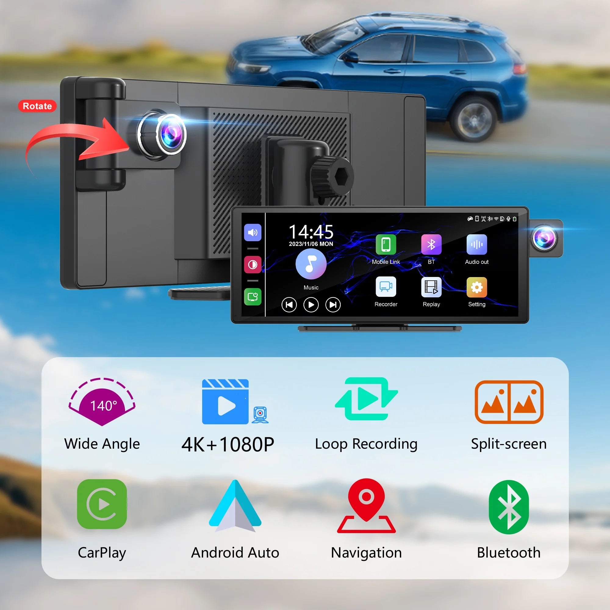 Dash Cam11.3"  4K 2160P Rearview Camera Carplay & Android Auto GPS Navigation with Voice Control Car DVR BT FM Monitor