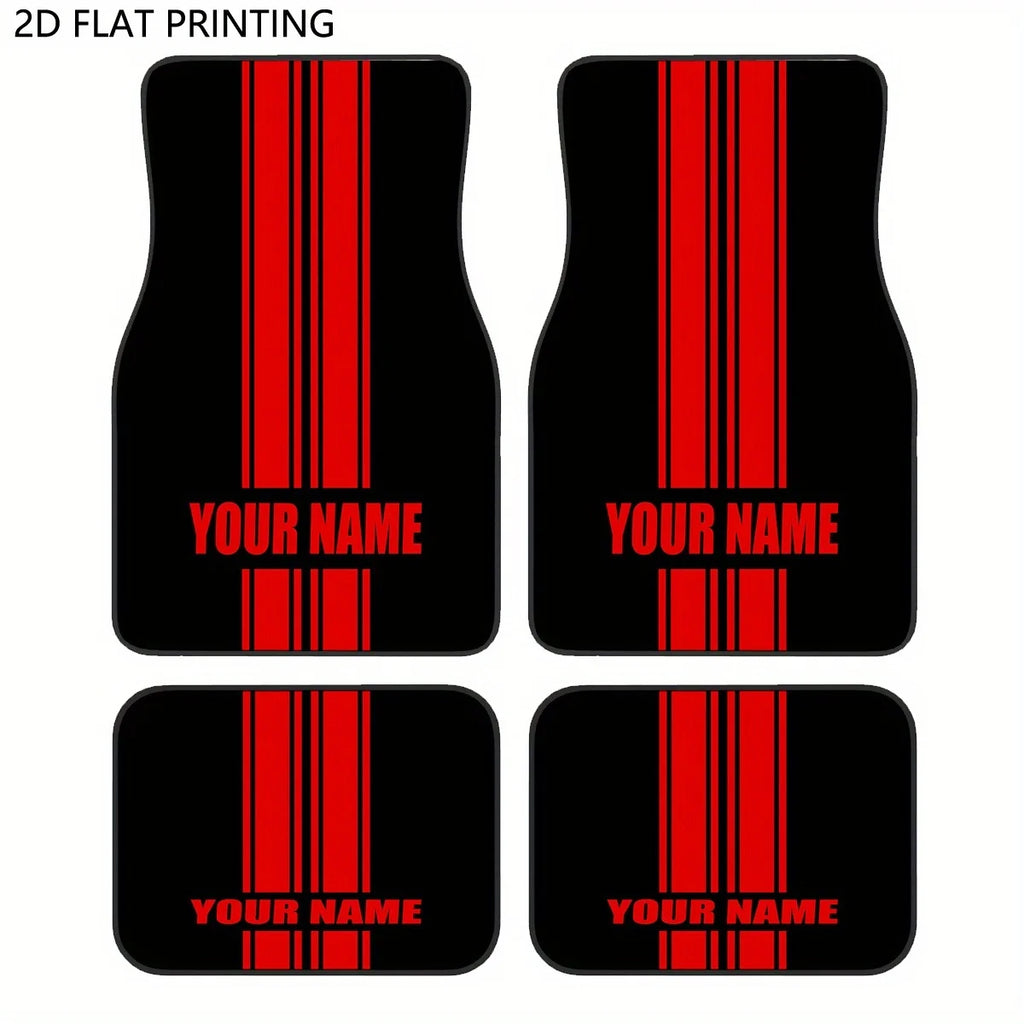 Custom 4pcs Car Floor Mats With Personalized Name/Text - Red Vertical Stripes On Black, All-Season Durable Polyester Auto Liners