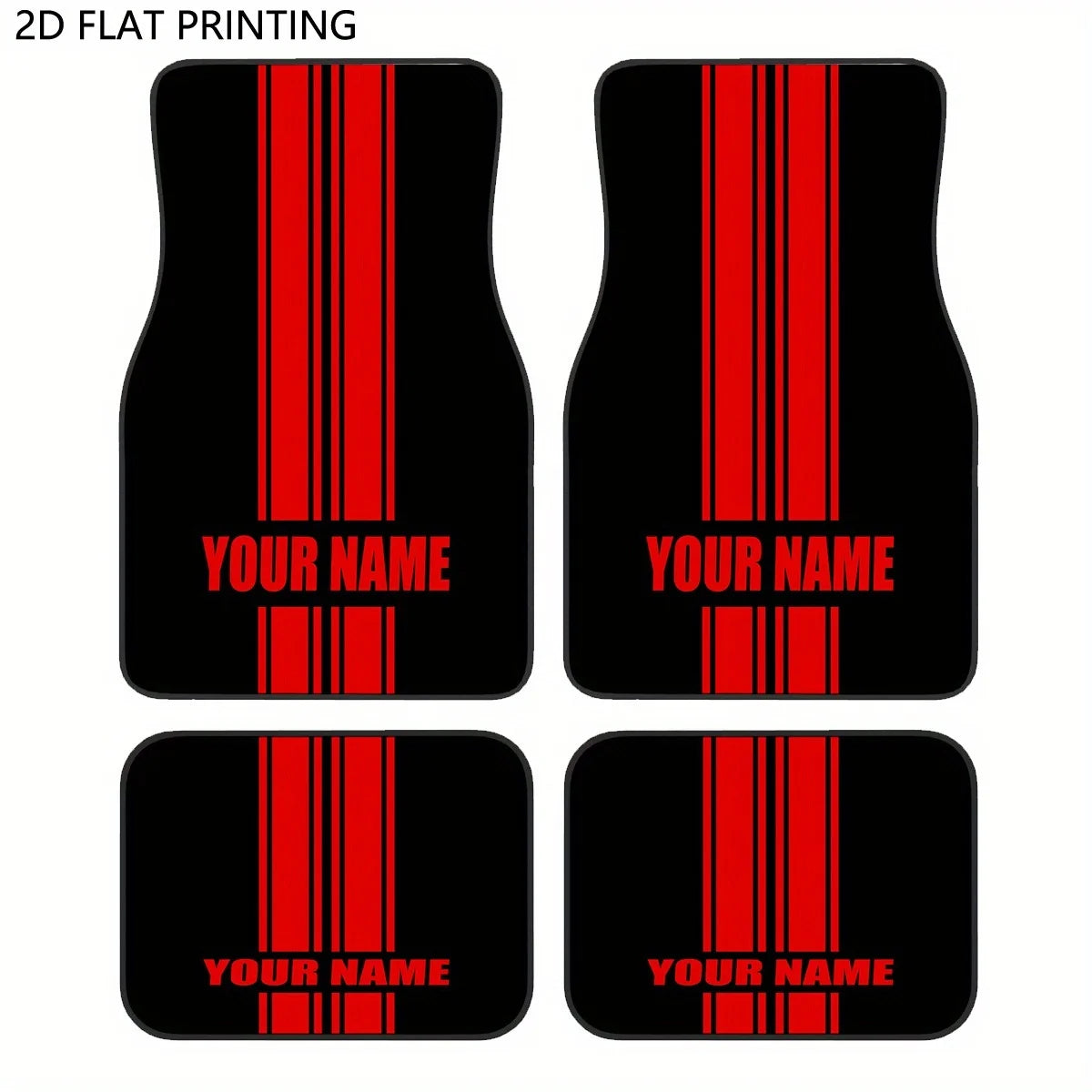 Custom 4pcs Car Floor Mats With Personalized Name/Text - Red Vertical Stripes On Black, All-Season Durable Polyester Auto Liners