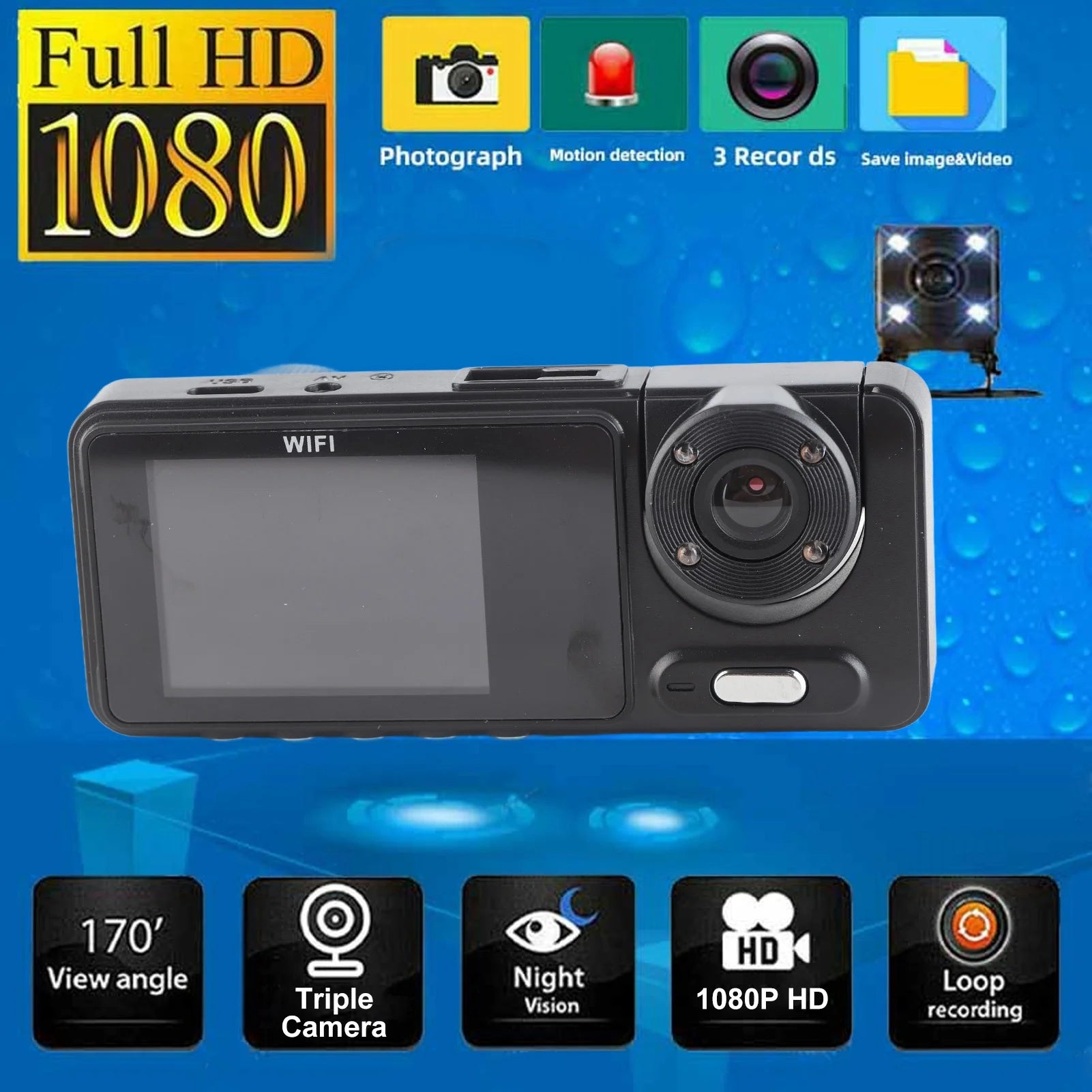 2 Inch Front Rear Inside Dash Cam Wireless 1080P HD 170° Wide Angle Three Channel Car Dashboard Camera with Night Vision