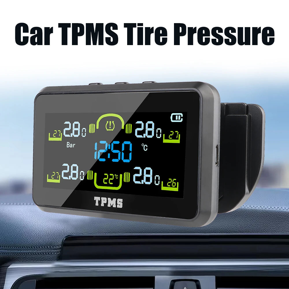 T14-1 Car Tyre Pressure Monitor With 4 External Sensors Tire Pressure Monitoring System Solar TPMS Temperature Warning Fuel Save