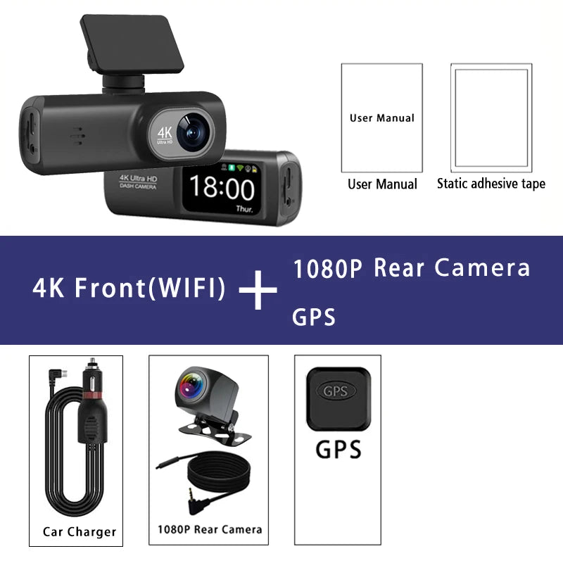 Dash Cam 4K 3840*2160P GPS WIFI Car DVR Front and Rear Dual Lens Auto Car Camera With Night Vision Dashcam 24H Parking Monitor
