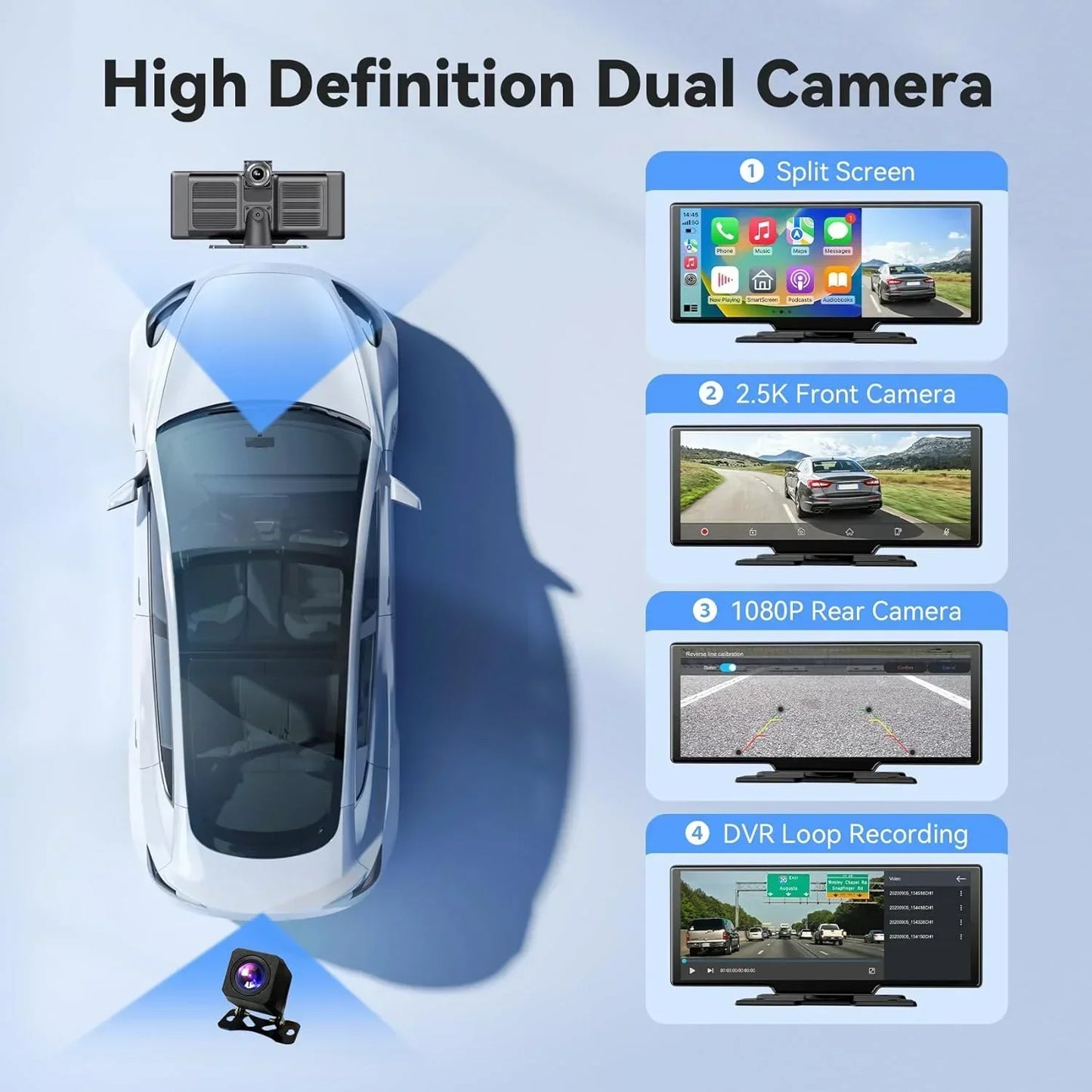 10.26'' Portable 4K Dash Cam Wireless CarPlay Android Auto Car Monitor Dashboard Car DVR Video Recorder GPS FM BT
