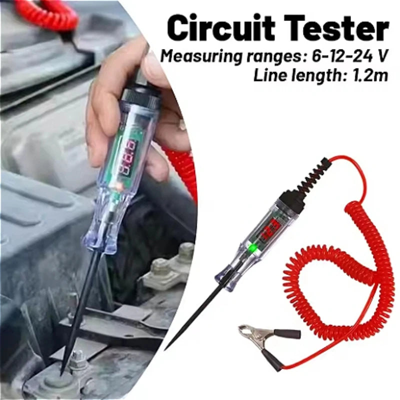 Luz de prueba automotriz, comprobador digital de circuitos LED de 6 V/12 V/24 V, herramienta de prueba eléctrica para automóviles con voltímetro y sonda.