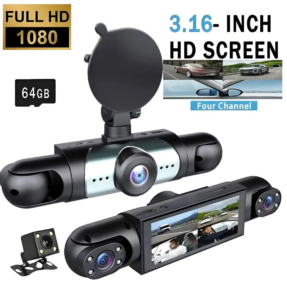 4 Channel 360° View Dash Cam 1080P 64GB Driving Recorder with Loop Recording 24H Parking Mode Full View Car Dashcam System