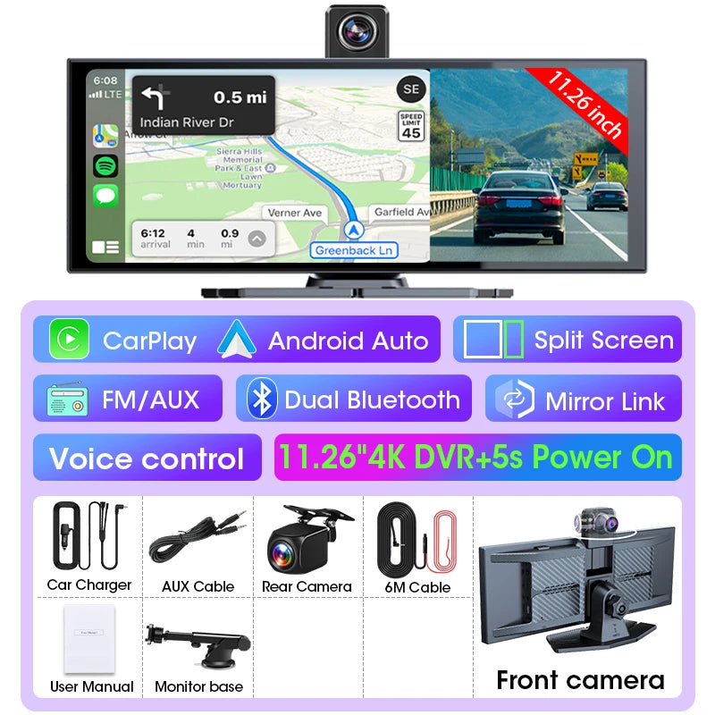 10/11.26 inch 4K Dash Cam Wireless Carplay & Android Auto Car Dvr 360 ° Rotation Dual Lens Video Recorder Dashboard Truck Camera