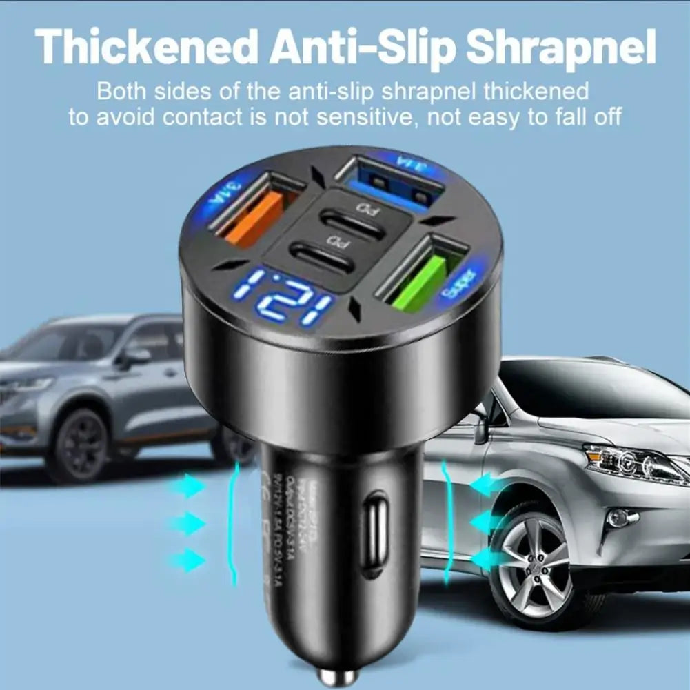 Car Charger 66W 5 Ports Fast Charging PD QC3.0 USB C Car Phone Charger Adapter With Digital Display For iPhone