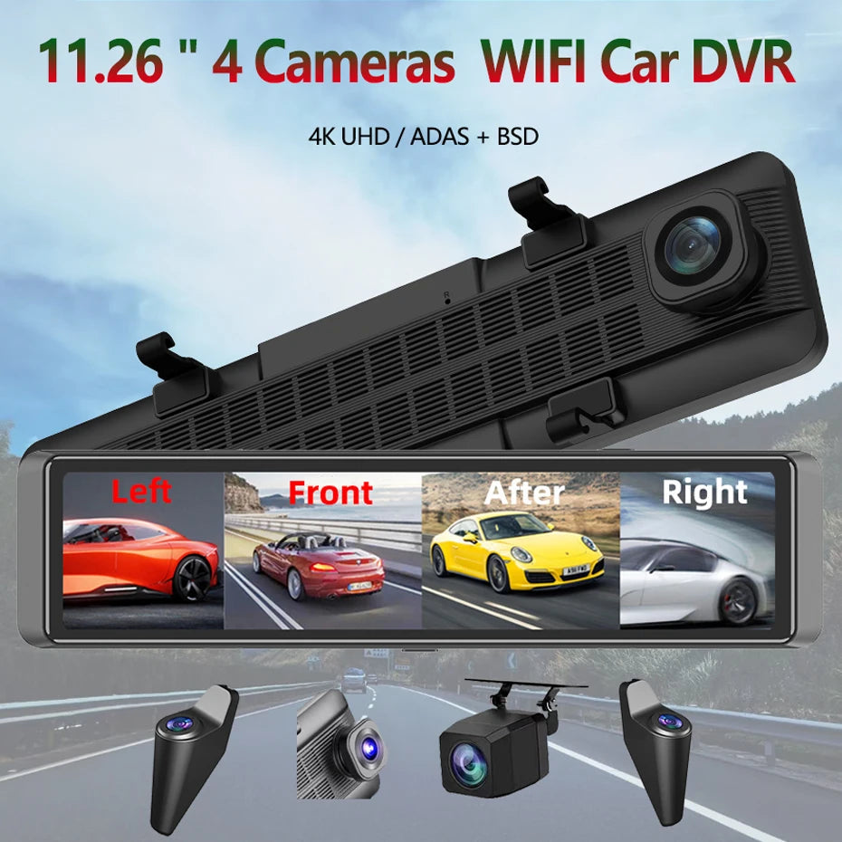4K Dash Cam 4-Channel Record 1080P ADAS BSD Car DVR WIFI APP Rear View Mirror Auto Video Recorder Camera Ultra HD 24H Parking