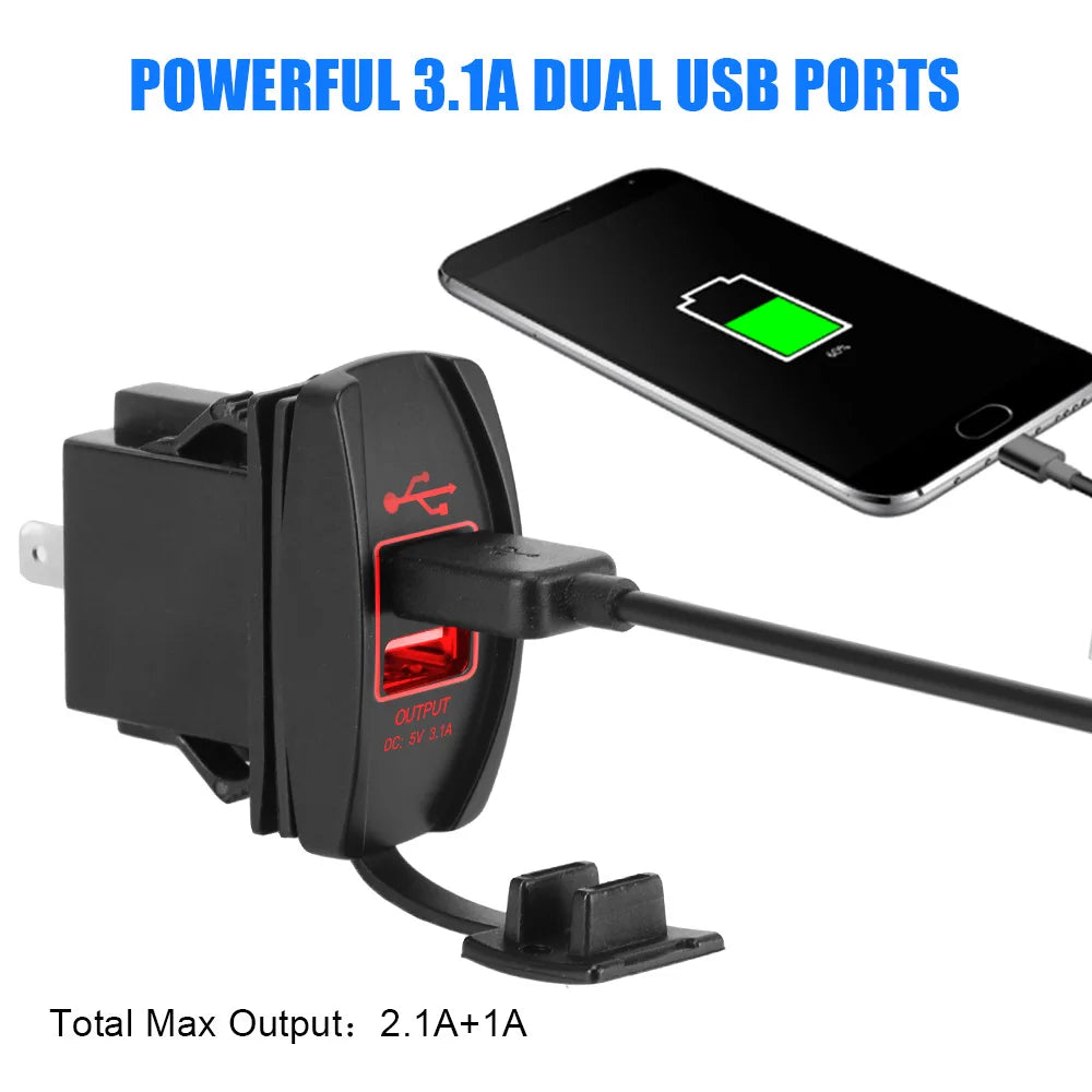 Car Charger 5V 3.1A LED Dustproof Phone Charger Waterproof Auto Adapter Dual USB Ports for Car RV Camper Caravans