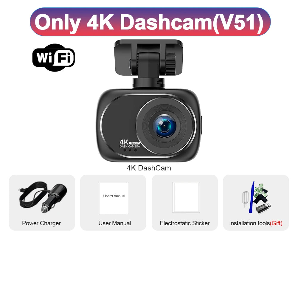 Dash Cam 4K UHD Recording Car Camera DVR Night Vision Video Recorder GPS Wi-Fi Support Dual Lens 4K Rear View Camera