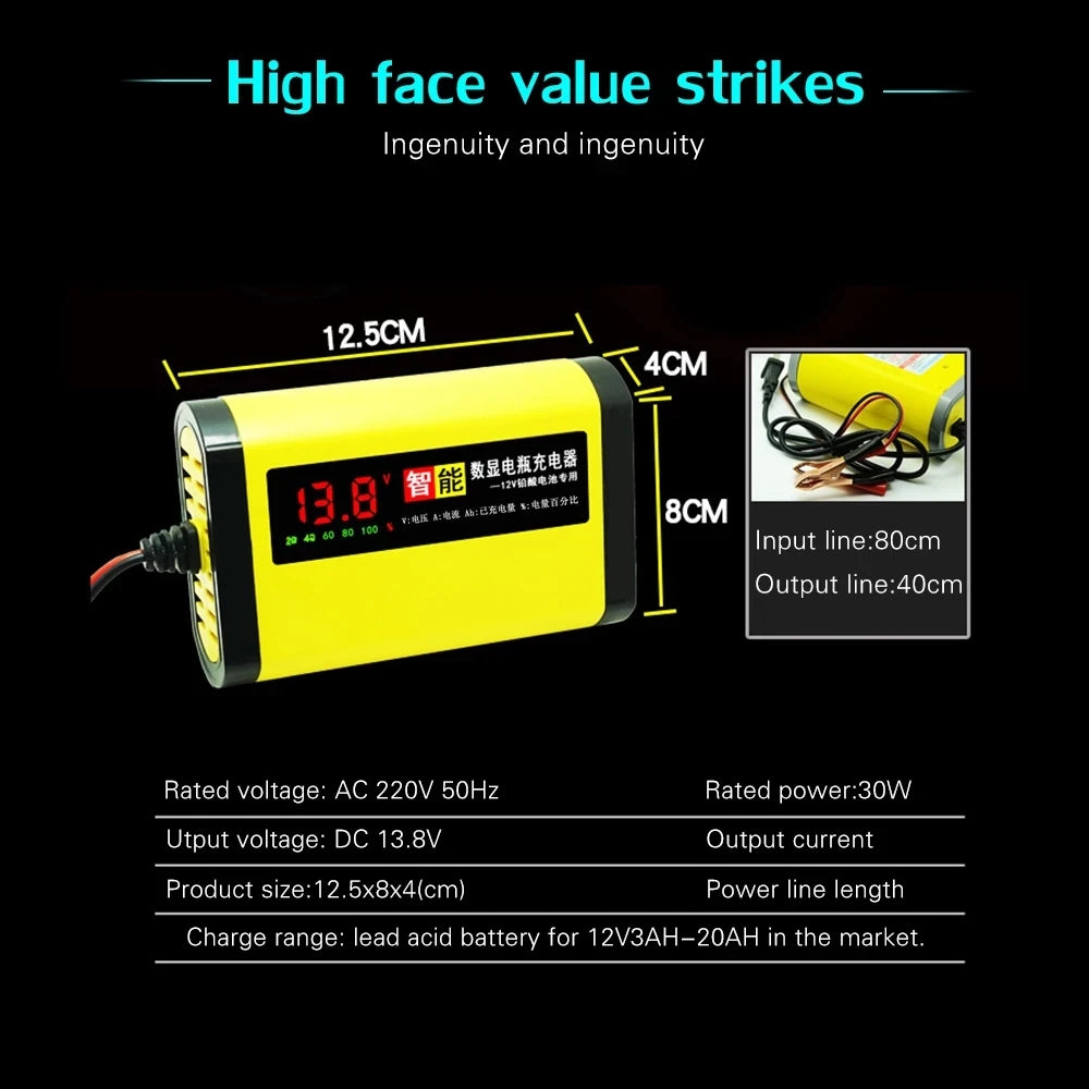 Car Battery Charger 12V 2A LCD Display For Automotive Truck Motorcycle Lead Acid Battery
