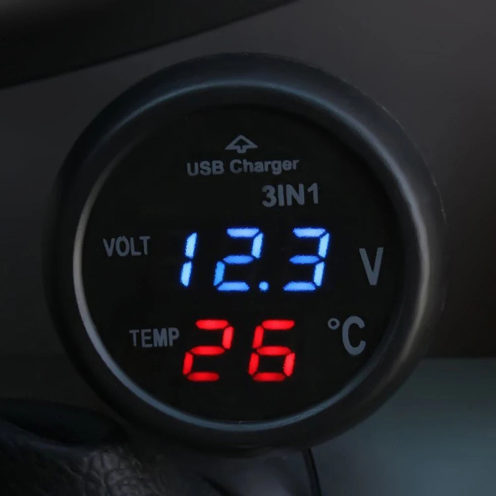 Car Charger 3 in 1 12/24V Charge with Voltmeter Switch Car Auto LED Digital Voltmeter Gauge Thermometer USB Charger