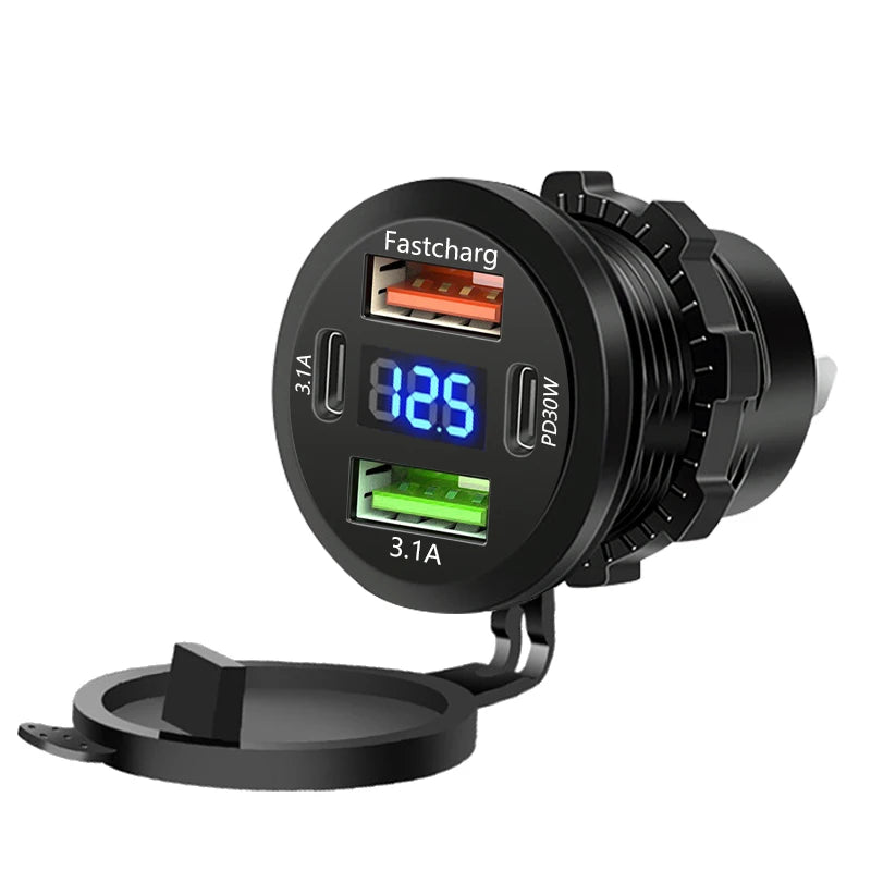 86W Car Charger PD Type C QC3.0 Fast Charging with Voltmeter Power Outlet Adapter Waterproof 12V/24V for Car Boat Motorcycle