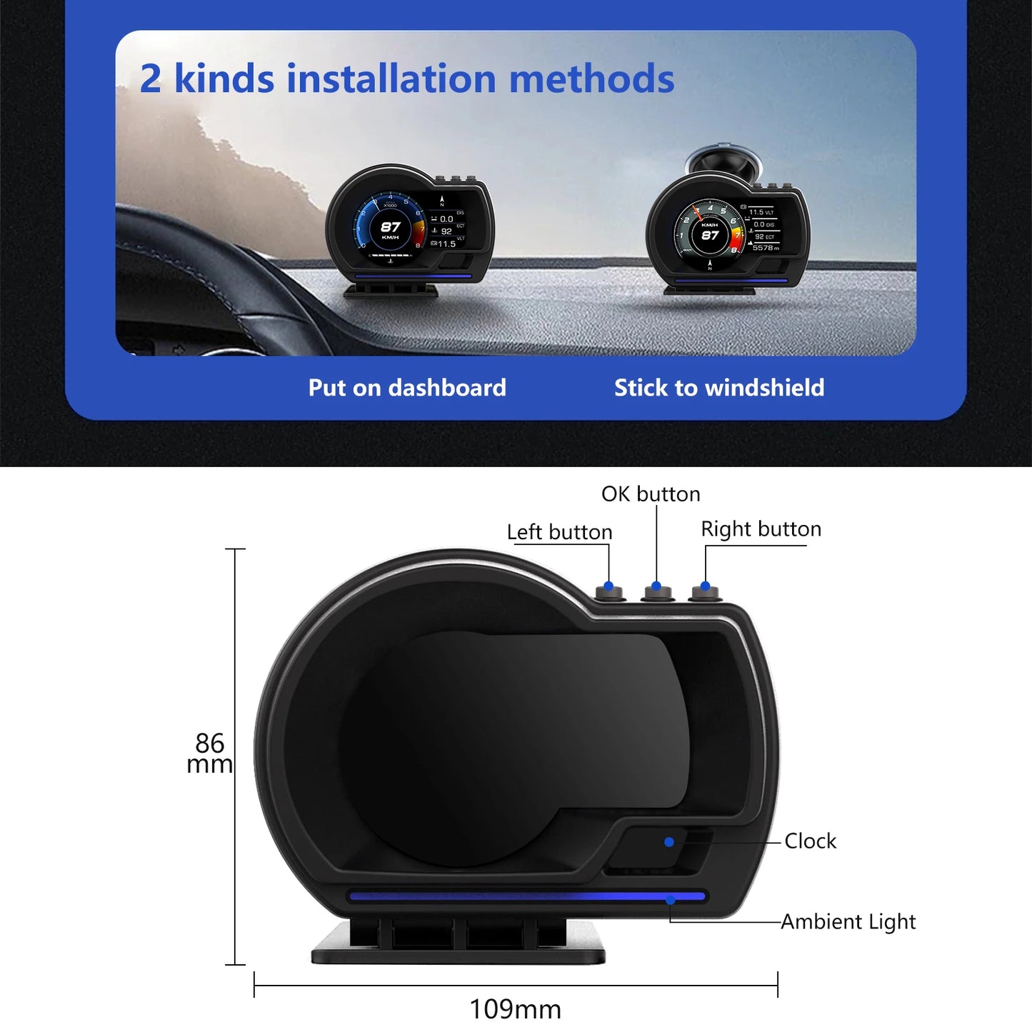 Car HUD Head-Up Display P6, OBD+GPS Smart Instrument Panel, High-Definition Speedometer Car Diagnostic Tool Over-speed fault ala