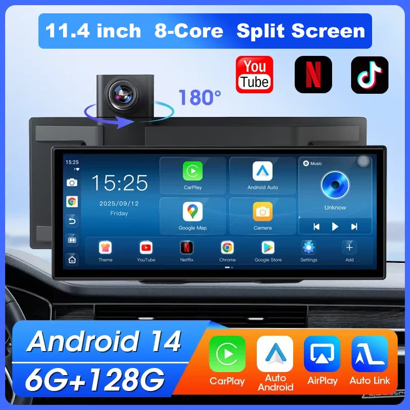 11.4inch 4G Android 14 8+128G Dashcam 8 Core Wireless CarPlay & Android Auto Split Screen Remote Monitoring Car DVR