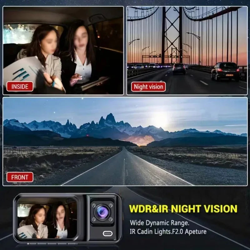Dash Cam W/ IR Night Vision Loop Recording & 2" IPS Screen 1080P 3 Camera ， DVR recorder, video recorder, Vehicle DVR