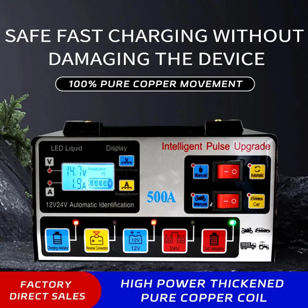 12v24v Car Battery Charger Electric Vehicle Motorcycles Charger Pulse Intelligent Repair LED Digital Display Screen Transformer