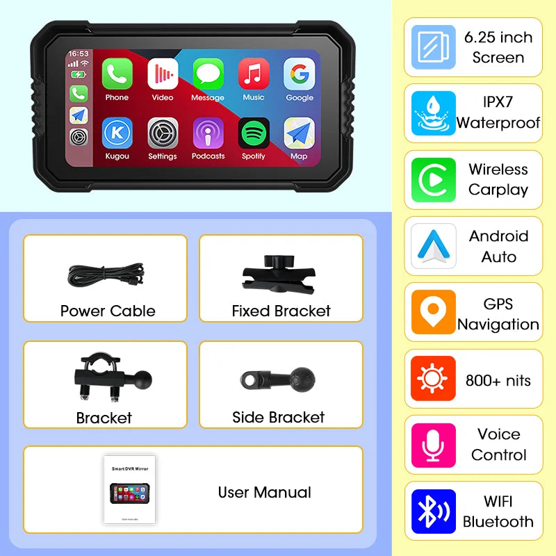Srnubi 6.25'' Portable Digital Motorcycle Dashboard CarPlay Android Auto GPS for Moto Navigation Display Screen IPX7 Waterproof