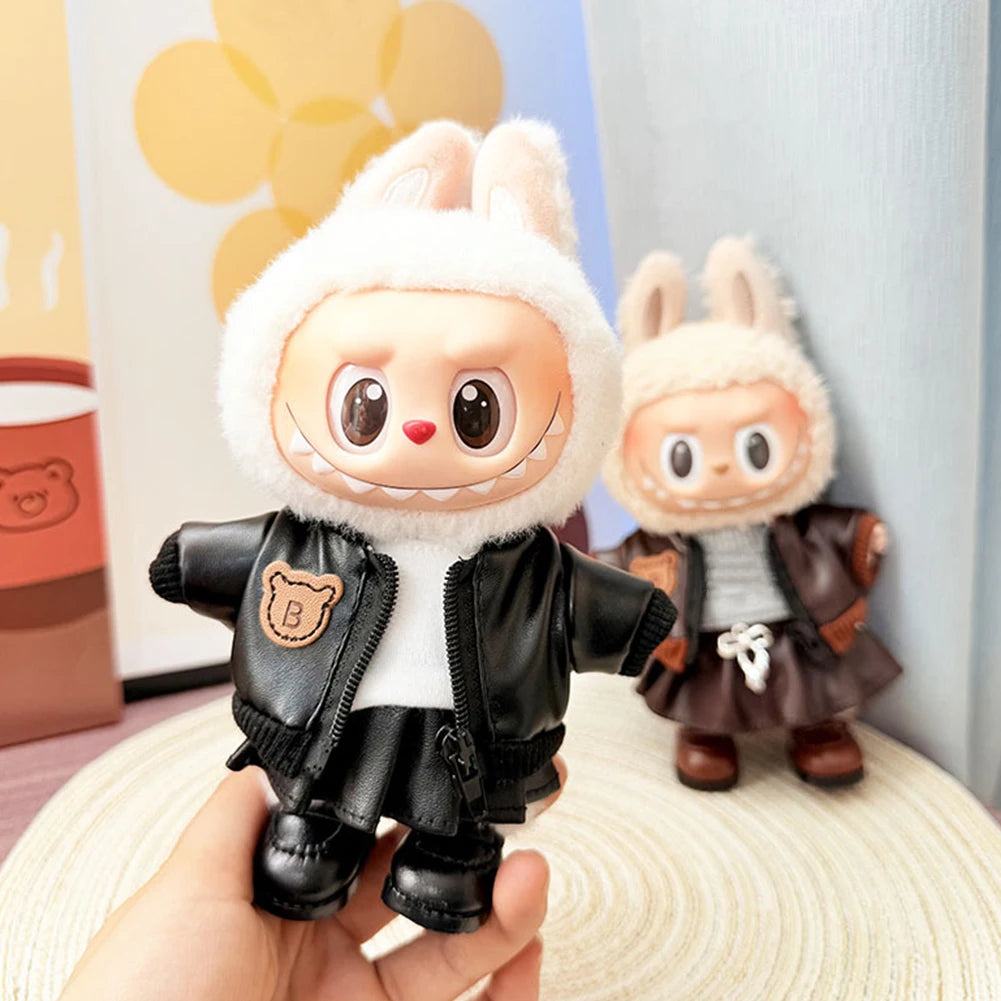 Muñeca Labubu, motocicleta, ropa de bebé de moda, conjunto de chaqueta de cuero negra, accesorios geniales para motocicleta