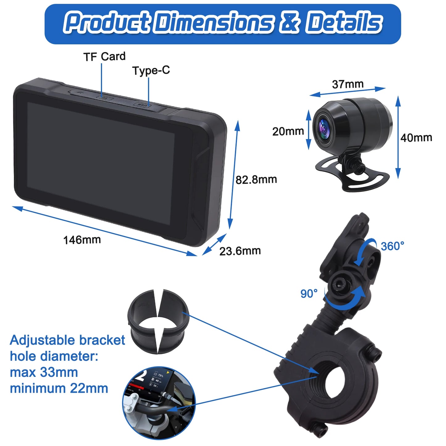 GPS Navigation Wireless Carplay IPS Touch Screen DVR 1080P Dual Dashcam with Front and Rear Cameras Tire Pressure for Motorcycle