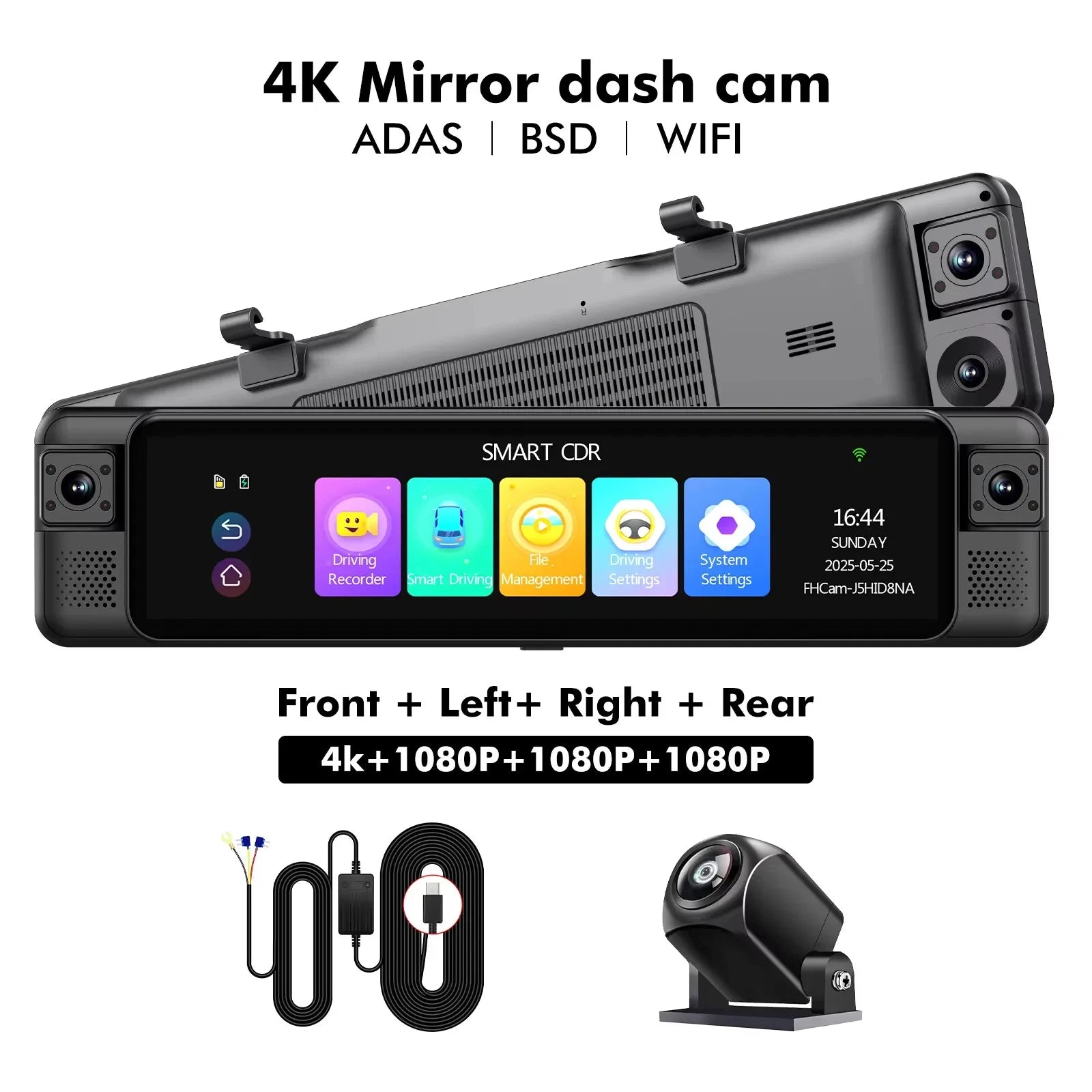 4CH Dash Cam 11" 4K+1K+1K+1K WIFI Rear View Mirror 4 Cameras Video recorder Car DVR ADAS BSD Night Vision 24H Parking Monitor