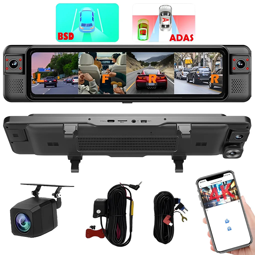 4CH Dash Cam 12" 4K+1K+1K+1K WIFI Rear View Mirror 4 Cameras Video recorder Car DVR ADAS BSD Night Vision 24H Parking Monitor