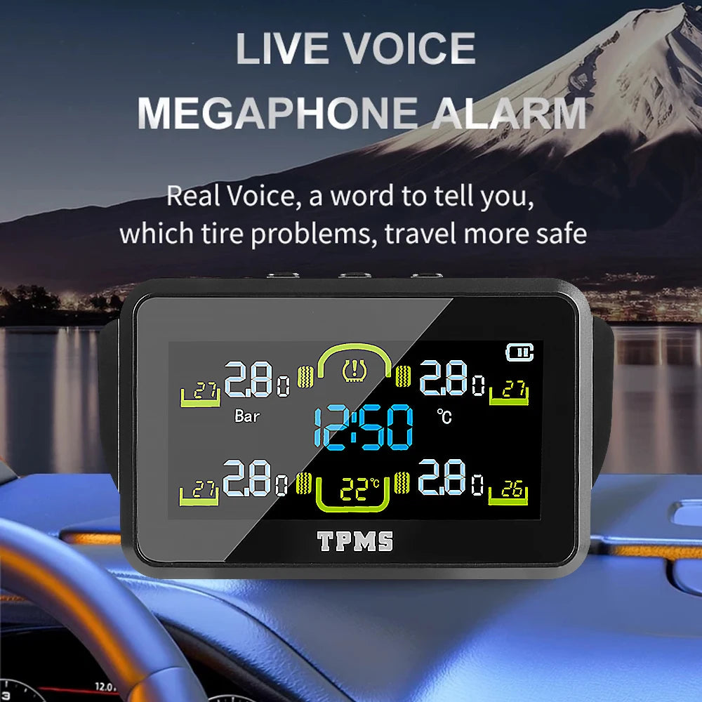 T14-1 Car Tyre Pressure Monitor With 4 External Sensors Tire Pressure Monitoring System Solar TPMS Temperature Warning Fuel Save