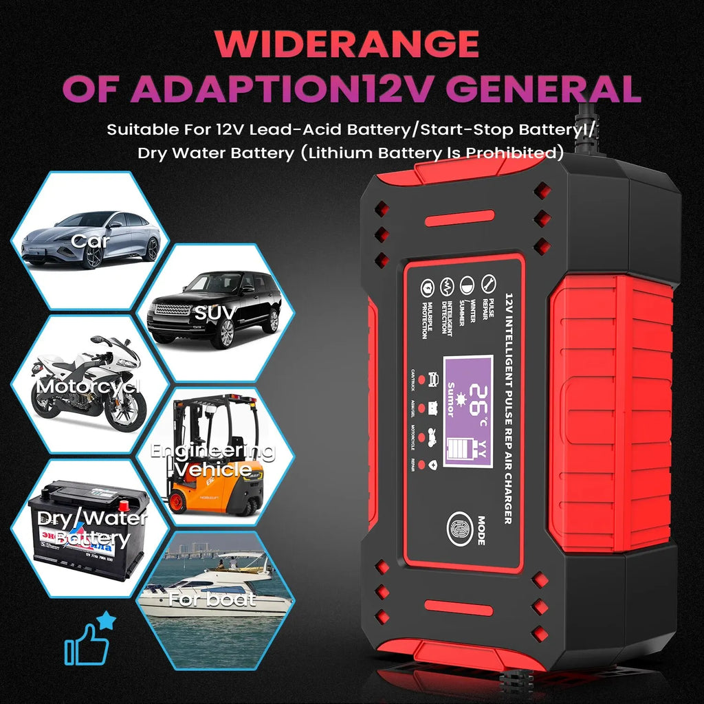 6A 12V Intelligent Car Battery Charger Car and Motorcycle Battery Charging Unit Lead-Acid Battery Repair LCD Display