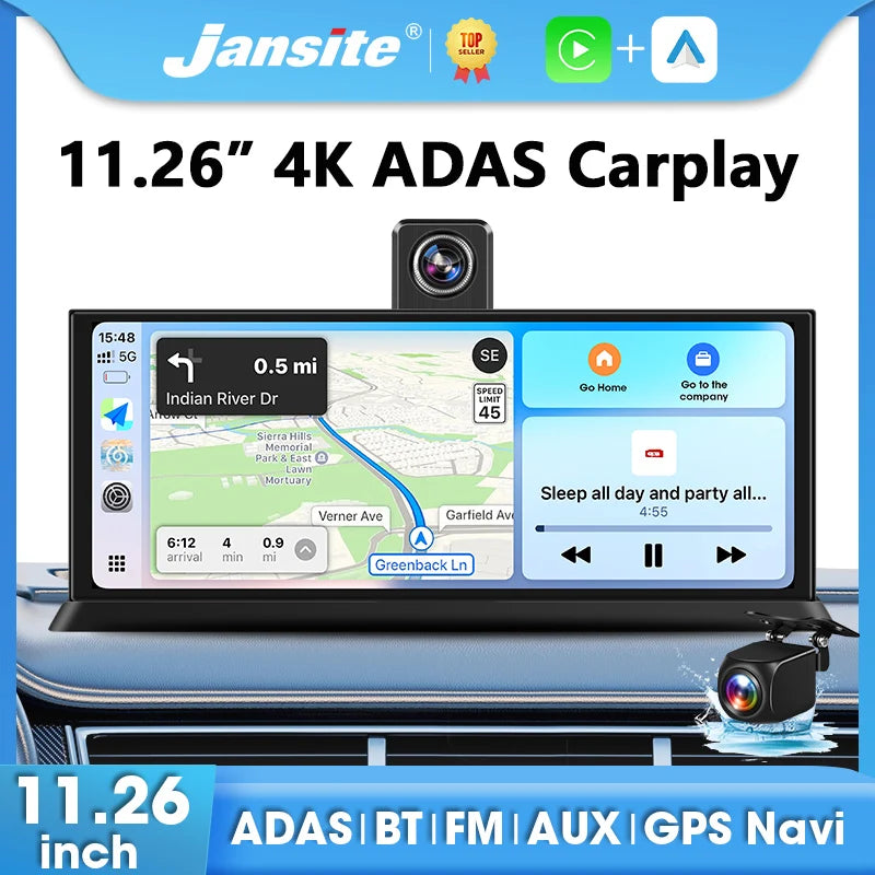 11.26 inch ADAS Car DVR 4K Camera Rotatable Front Camera Bluetooth Wireless Carplay Android Auto Dashcam Video Recorder FM AUX