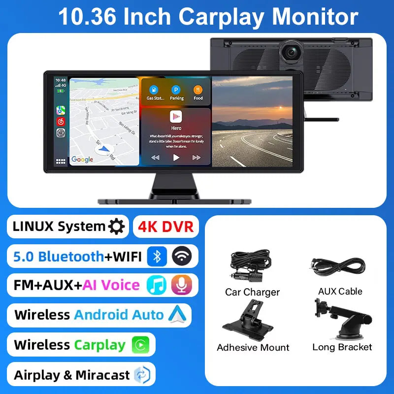 Universal DashCam 10.33" Car Intelligent 4K Car DVR Dash Cam Wireless CarPlay & Android Auto MP5 Bluetooth WIFI Rear Reversing