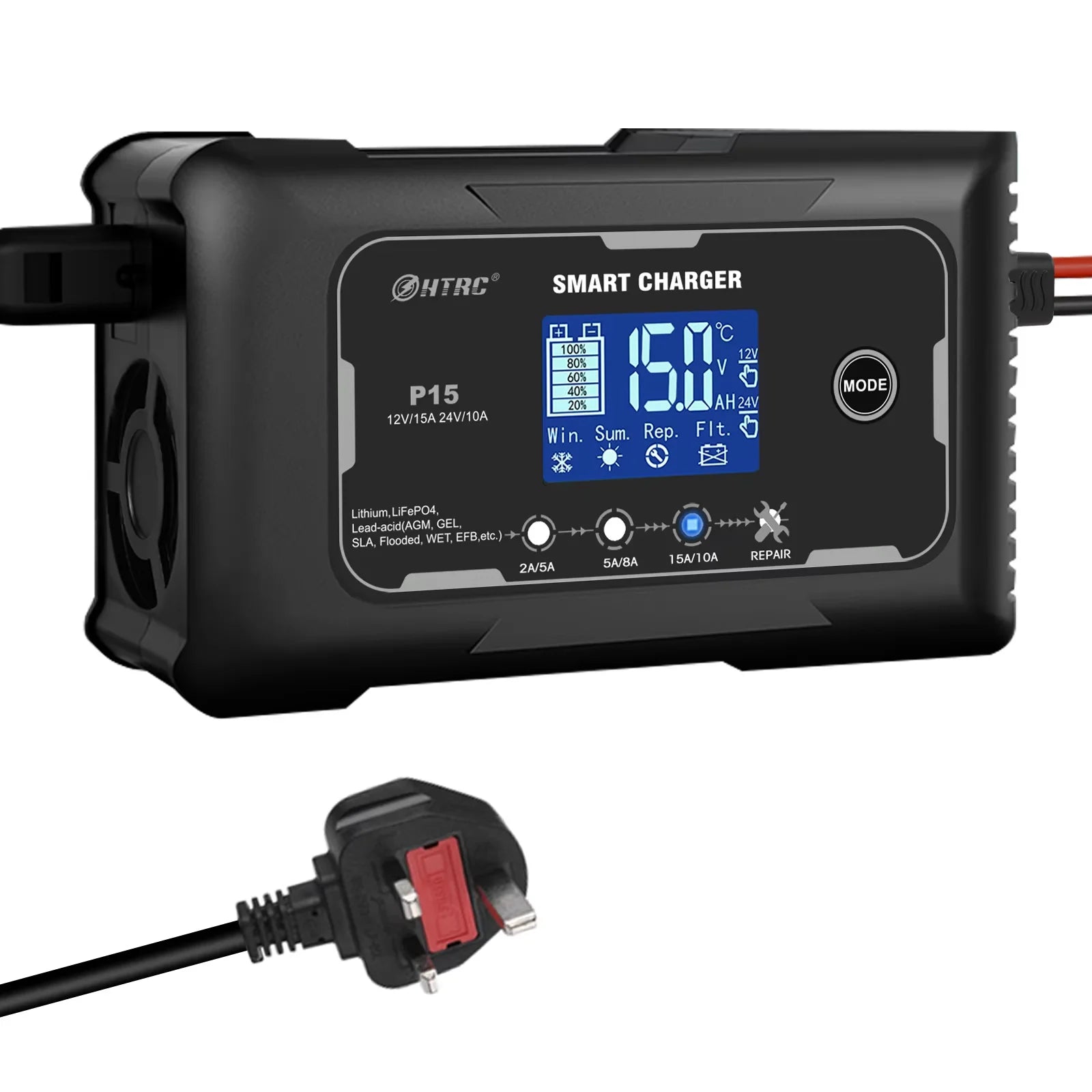 HTRC 12V/24V 15A Car Battery Charger Smart Charger for Lead-Acid PB LiFePO4 Battery 7-Stage Automatic Car Motorcycle Charger