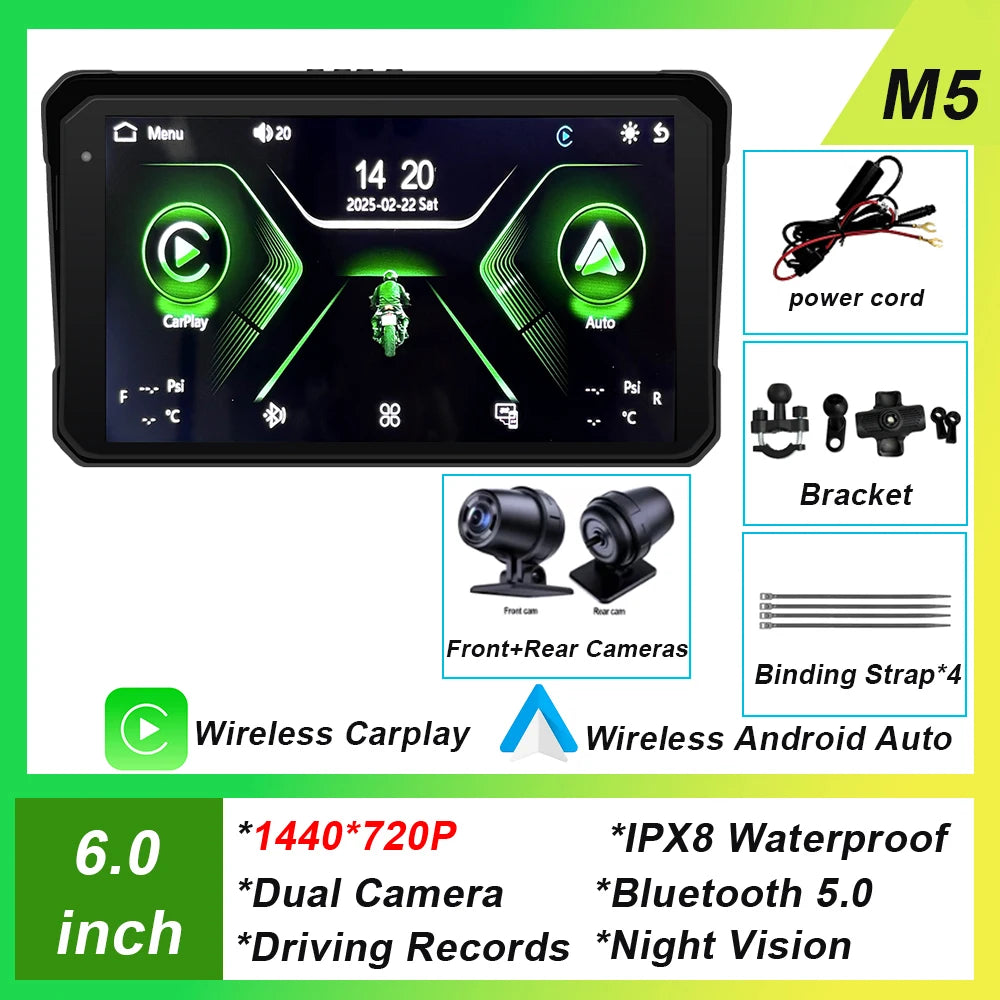 6 inch Screen For Car Motorcycle Waterproof  IPX8 Monitor Dash Cam GPS Navigation Wireless Carplay Android Auto With TPMS DVR