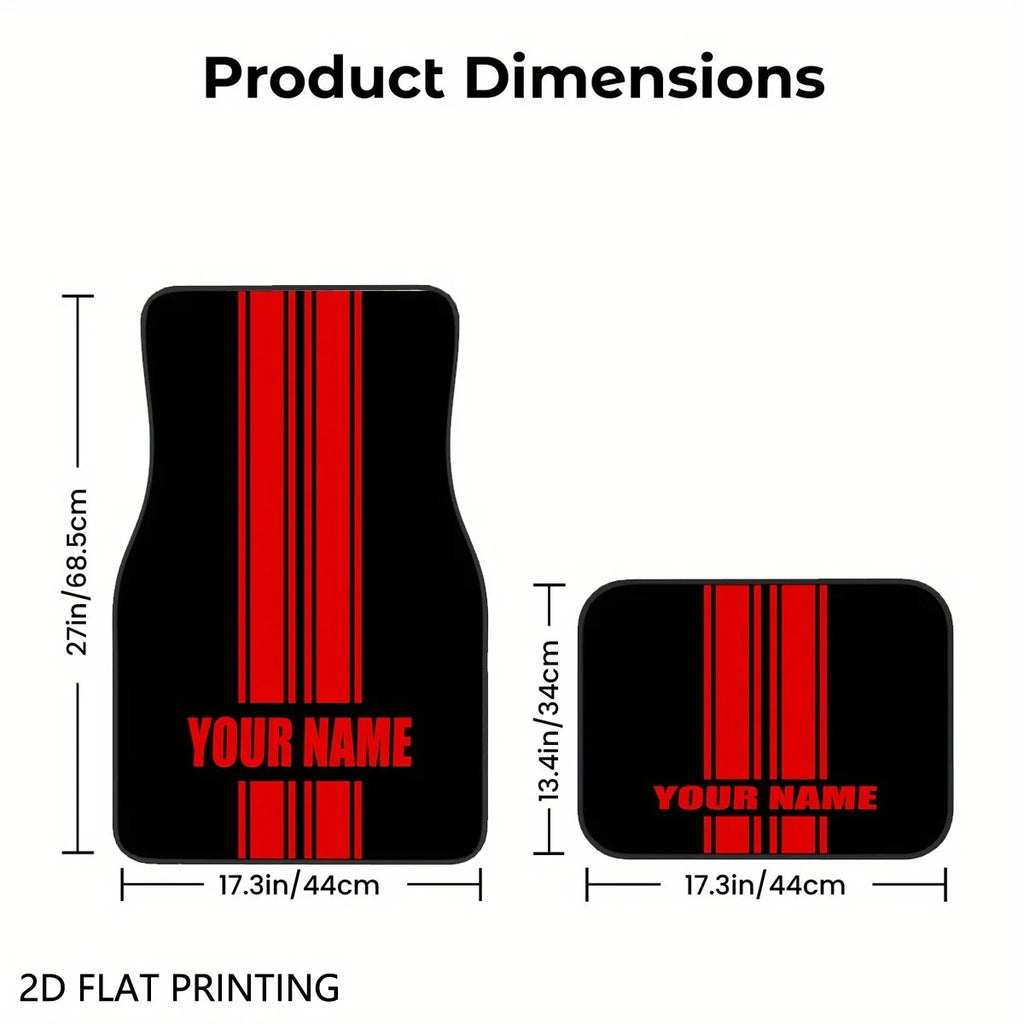 Custom 4pcs Car Floor Mats With Personalized Name/Text - Red Vertical Stripes On Black, All-Season Durable Polyester Auto Liners