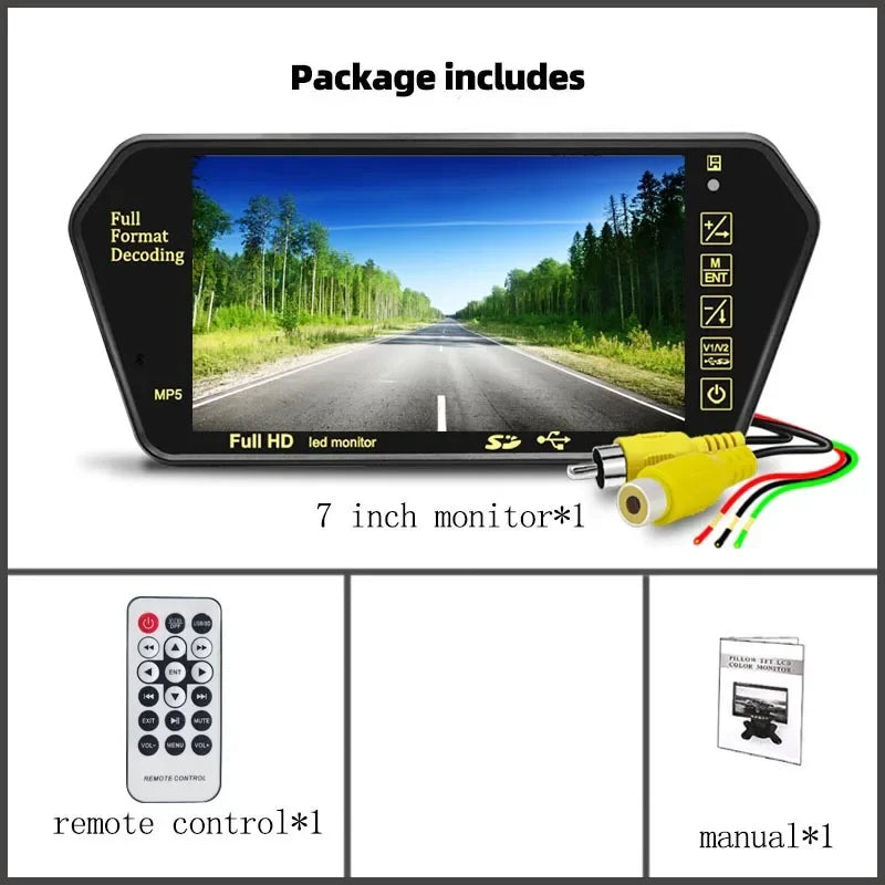 7" Screen Full HD Mirror Parking  LCD  Monitor Bluetooth USB FM Video Player Automatic DisplayFor Car Backup Rear