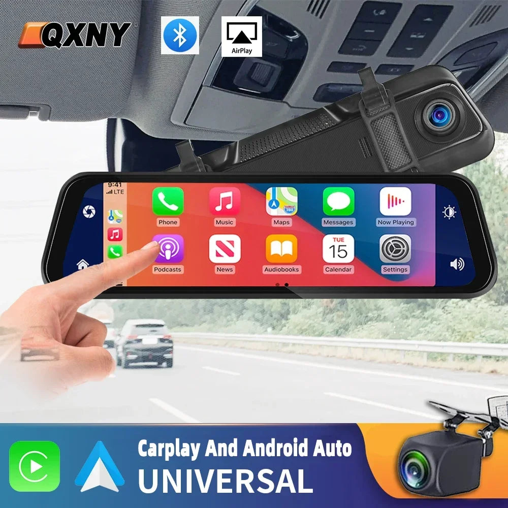 Car Dvr 9.66 Inch Touch Screen Stream Rear View Dash Cam Mirror Dual Camera Drive Recorder Carplay Android Auto Bluetooth