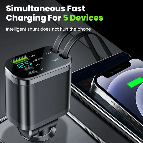 150w Car Charger USB+ Dual Type-C+Dual Type-C Stretching Cable PD Fast Charging Car Phone Digital Display Adapter For Cellphones