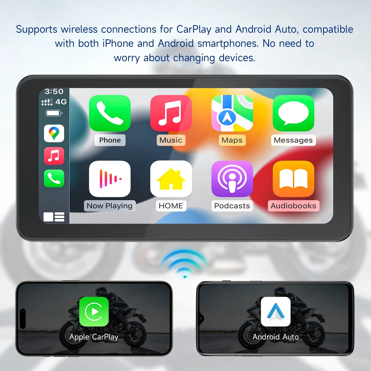 Motorcycle GPS with 6.25" Touchscreen – Wireless CarPlay & Android Auto, Waterproof, Plug & Play